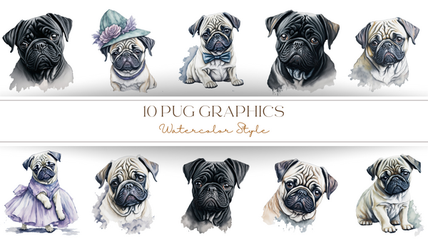 10 Watercolor Pug Graphics