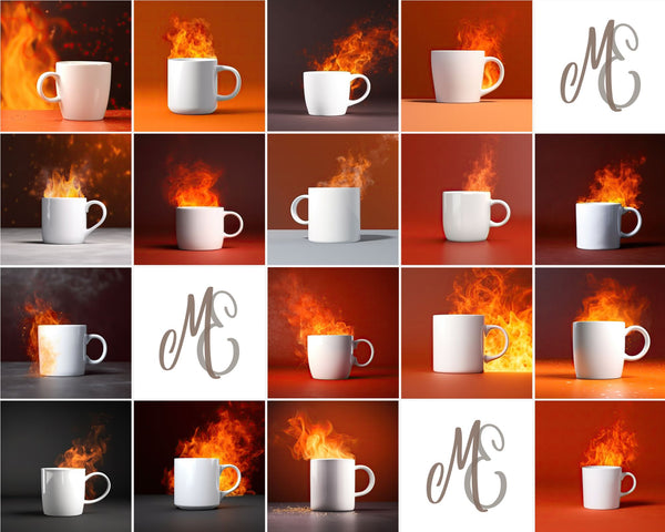 25 White mug Mockups - Fire Background