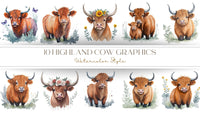 10 Watercolor Highland Cow Graphics Vol1