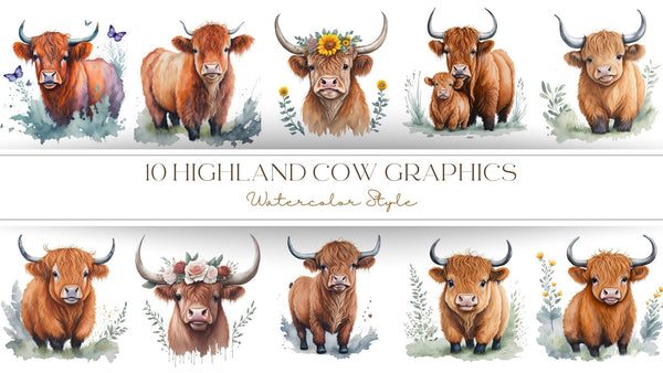 10 Watercolor Highland Cow Graphics Vol1